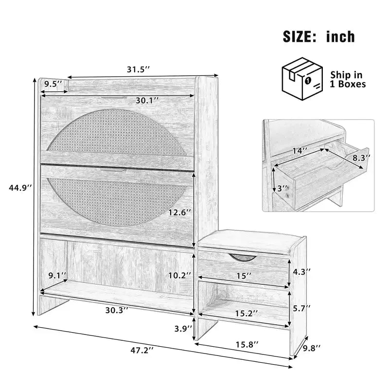 MAYEERTY Meuble à chaussures en rotin avec 2 tiroirs basculants, un tiroir de rangement et un banc pour l'entrée et le couloir, marron clair