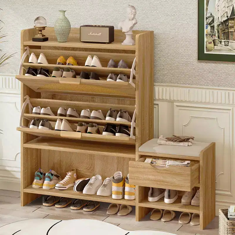 MAYEERTY Meuble à chaussures en rotin avec 2 tiroirs basculants, un tiroir de rangement et un banc pour l'entrée et le couloir, marron clair
