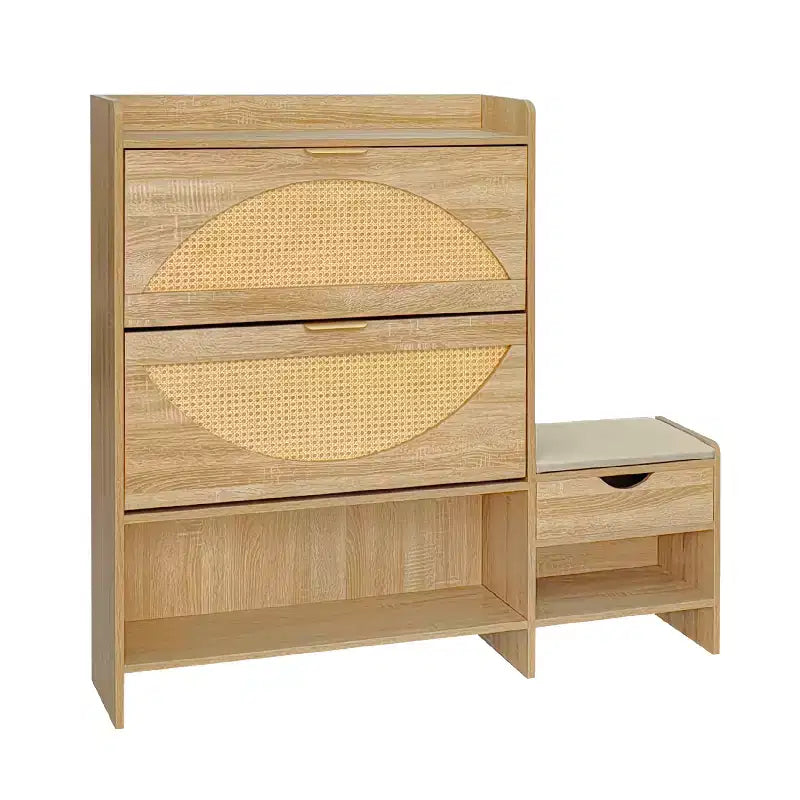 MAYEERTY Meuble à chaussures en rotin avec 2 tiroirs basculants, un tiroir de rangement et un banc pour l'entrée et le couloir, marron clair