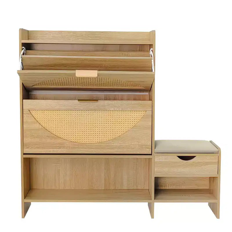 MAYEERTY Meuble à chaussures en rotin avec 2 tiroirs basculants, un tiroir de rangement et un banc pour l'entrée et le couloir, marron clair