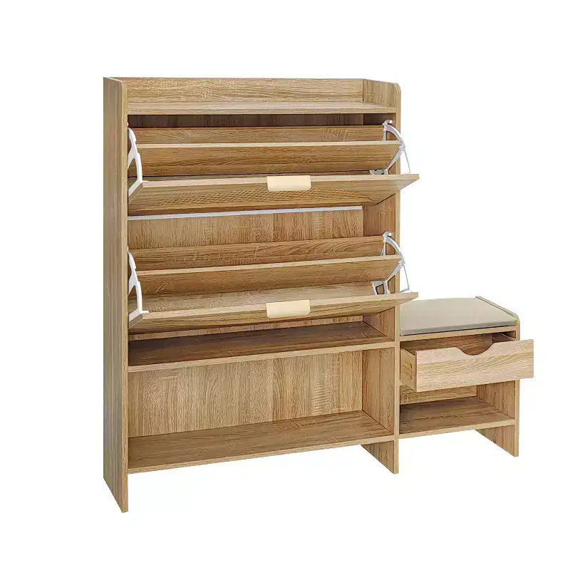 MAYEERTY Meuble à chaussures en rotin avec 2 tiroirs basculants, un tiroir de rangement et un banc pour l'entrée et le couloir, marron clair