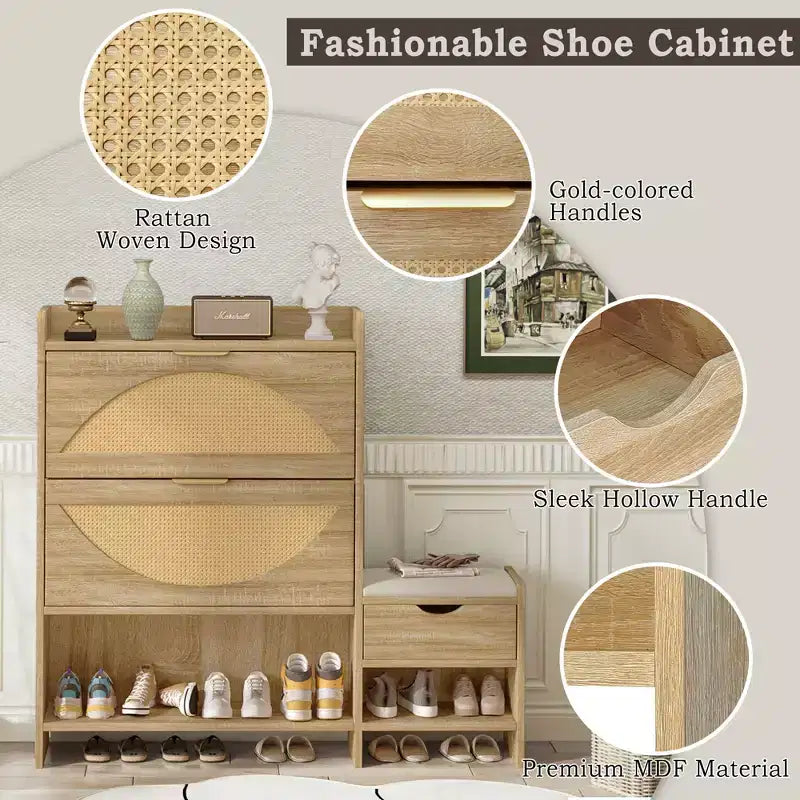 MAYEERTY Meuble à chaussures en rotin avec 2 tiroirs basculants, un tiroir de rangement et un banc pour l'entrée et le couloir, marron clair