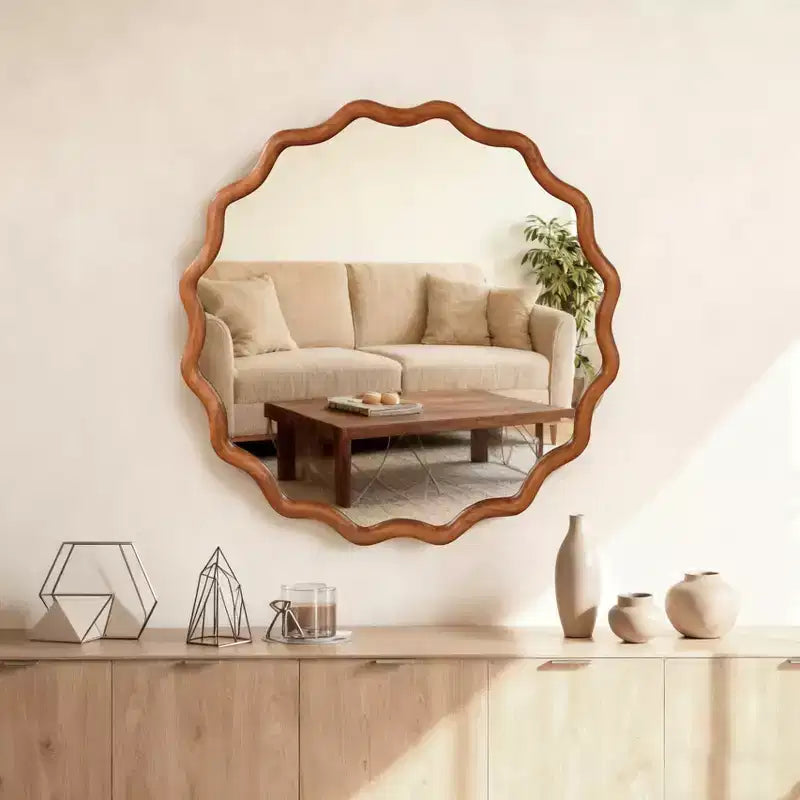 MAYEERTY Miroir décoratif rond ondulé à cadre en bois de 76 cm pour chambre, salle de bain, salon, entrée Marron