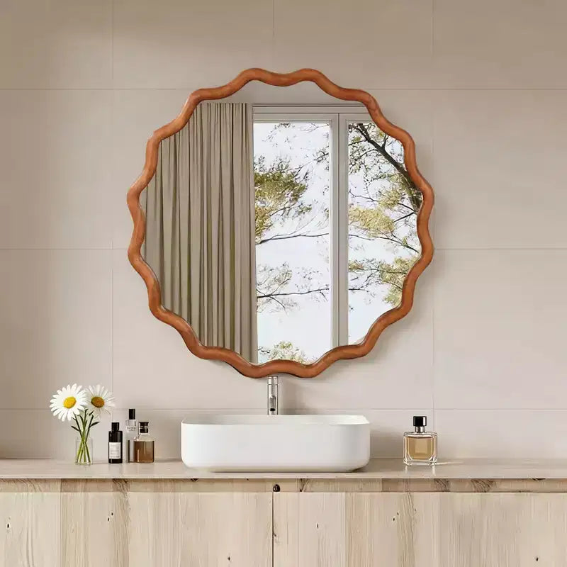 MAYEERTY Miroir décoratif rond ondulé à cadre en bois de 76 cm pour chambre, salle de bain, salon, entrée Marron
