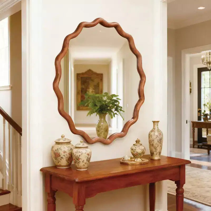 MAYEERTY Miroir décoratif rond ondulé à cadre en bois de 76 cm pour chambre, salle de bain, salon, entrée Marron