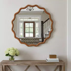 MAYEERTY Miroir décoratif rond ondulé à cadre en bois de 76 cm pour chambre, salle de bain, salon, entrée Marron