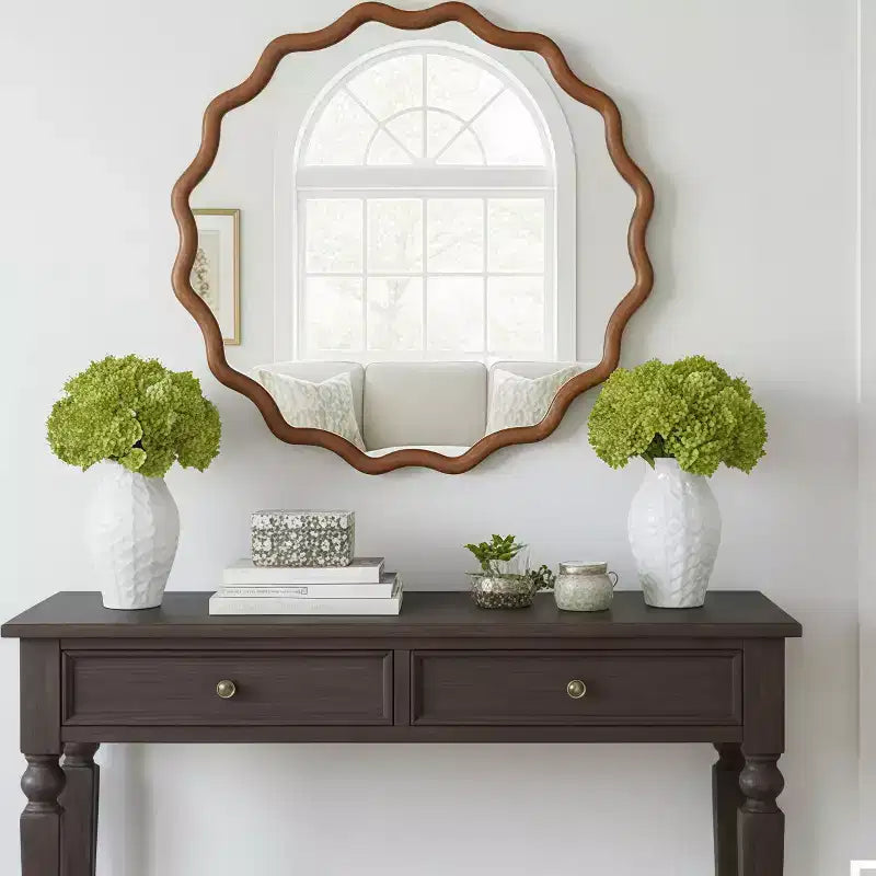 MAYEERTY Miroir décoratif rond ondulé à cadre en bois de 76 cm pour chambre, salle de bain, salon, entrée Marron