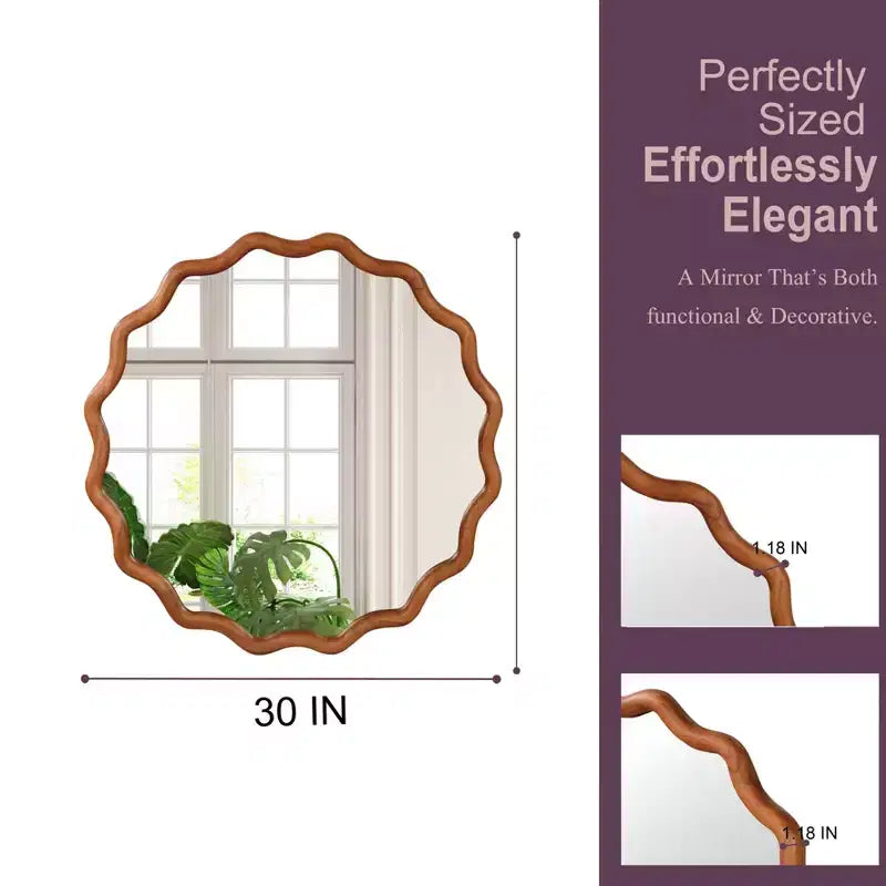 MAYEERTY Miroir décoratif rond ondulé à cadre en bois de 76 cm pour chambre, salle de bain, salon, entrée Marron
