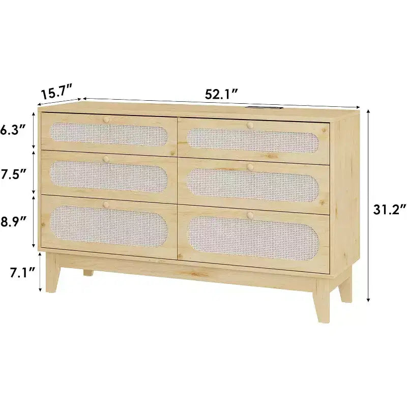 Commode 6 tiroirs en rotin avec prises et ports USB, meuble de rangement en bois pour chambre à coucher (assemblage simple)