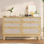 Commode 6 tiroirs en rotin avec prises et ports USB, meuble de rangement en bois pour chambre à coucher (assemblage simple)