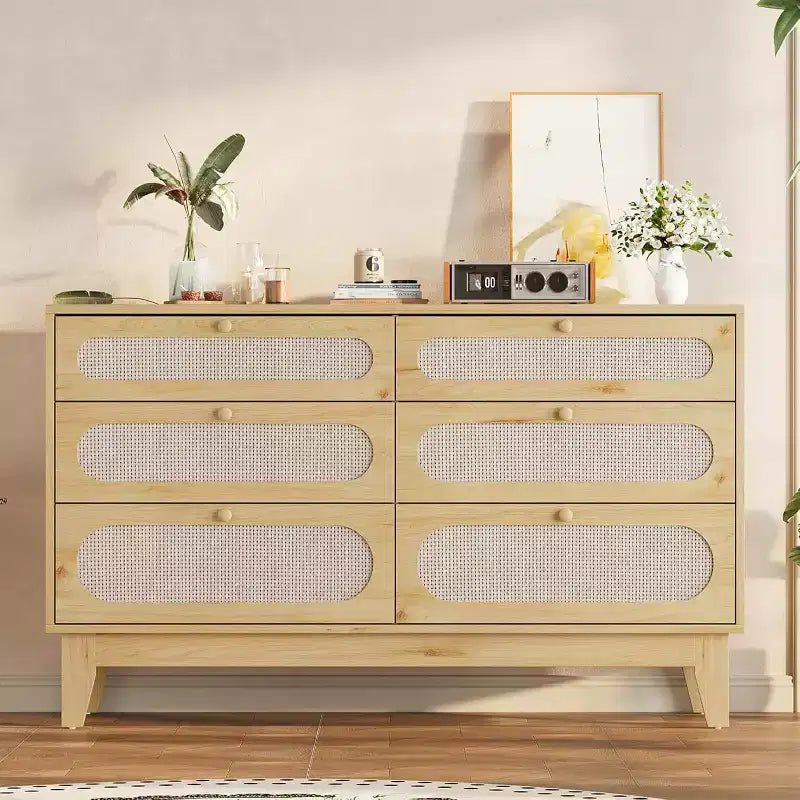 Commode 6 tiroirs en rotin avec prises et ports USB, meuble de rangement en bois pour chambre à coucher (assemblage simple)
