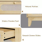 Commode 6 tiroirs en rotin avec prises et ports USB, meuble de rangement en bois pour chambre à coucher (assemblage simple)