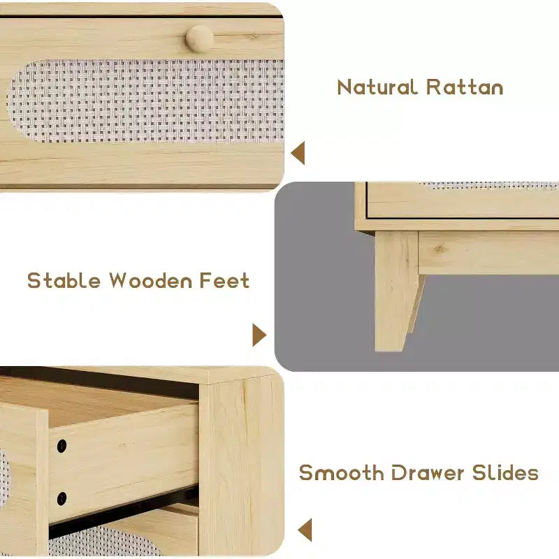 Commode 6 tiroirs en rotin avec prises et ports USB, meuble de rangement en bois pour chambre à coucher (assemblage simple)