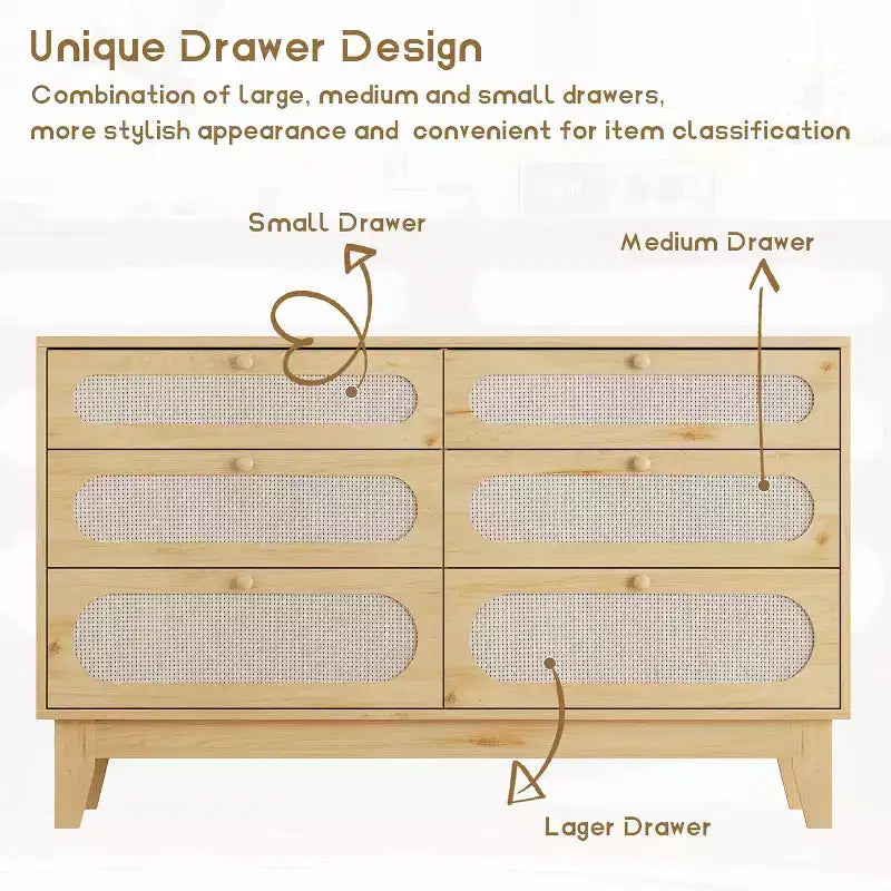 Commode 6 tiroirs en rotin avec prises et ports USB, meuble de rangement en bois pour chambre à coucher (assemblage simple)
