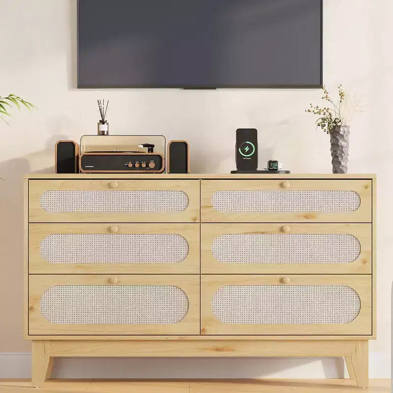 Commode 6 tiroirs en rotin avec prises et ports USB, meuble de rangement en bois pour chambre à coucher (assemblage simple)