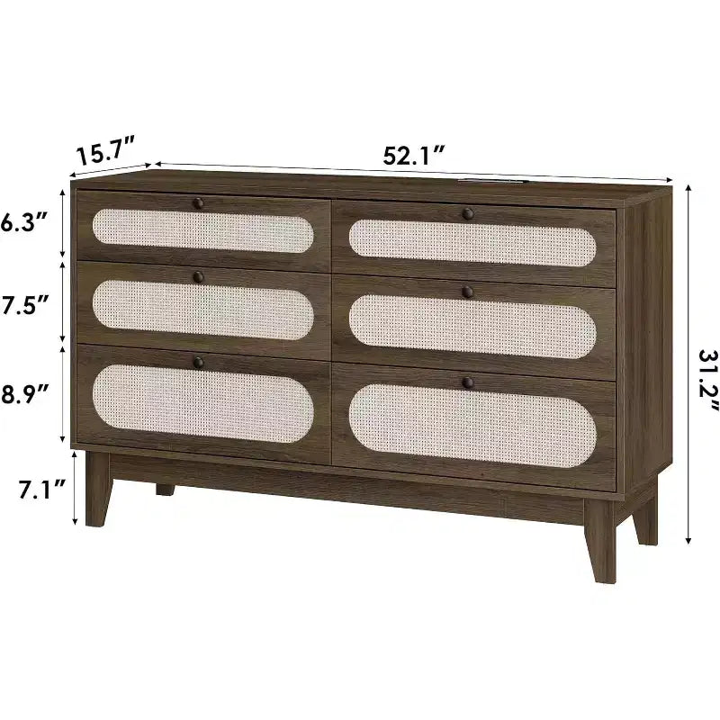 Commode 6 tiroirs en rotin avec prises et ports USB, meuble de rangement en bois pour chambre à coucher (assemblage simple)