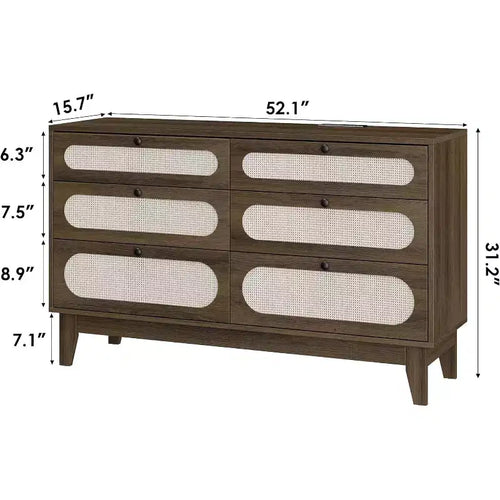 Commode 6 tiroirs en rotin avec prises et ports USB, meuble de rangement en bois pour chambre à coucher (assemblage simple)