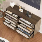 Commode 6 tiroirs en rotin avec prises et ports USB, meuble de rangement en bois pour chambre à coucher (assemblage simple)