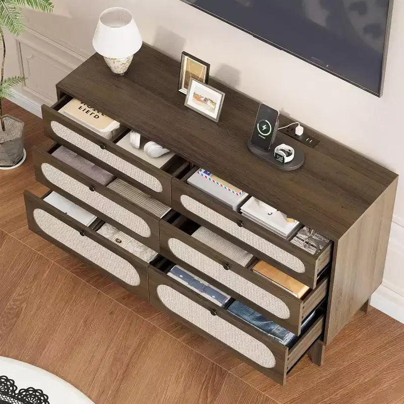 Commode 6 tiroirs en rotin avec prises et ports USB, meuble de rangement en bois pour chambre à coucher (assemblage simple)