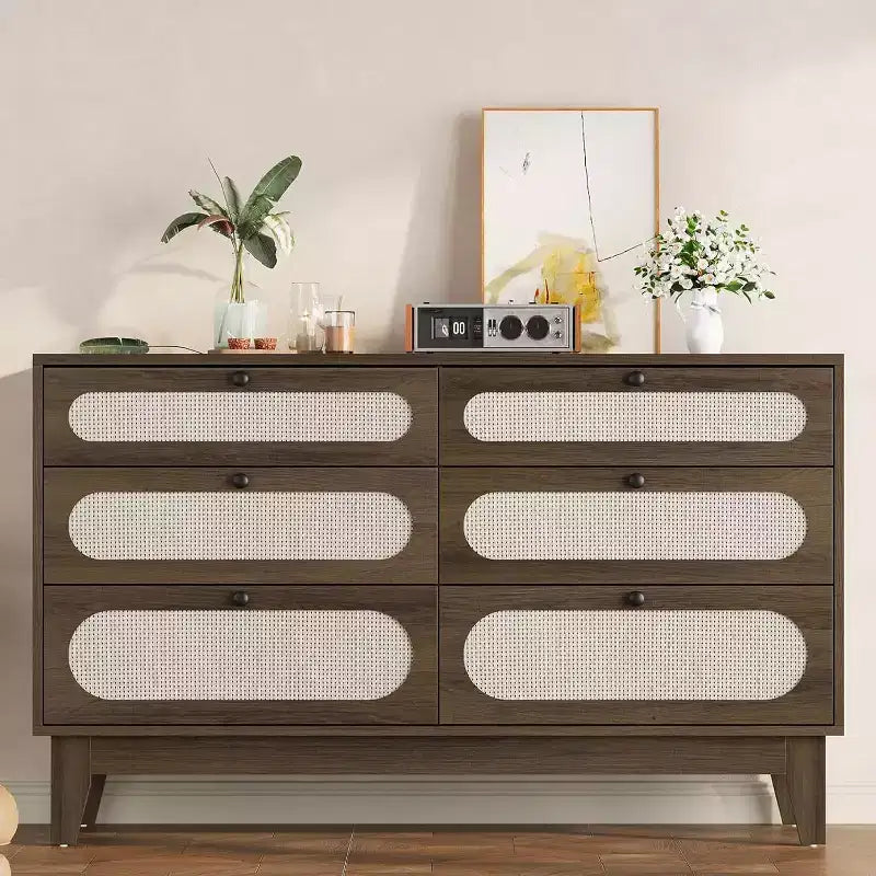 Commode 6 tiroirs en rotin avec prises et ports USB, meuble de rangement en bois pour chambre à coucher (assemblage simple)