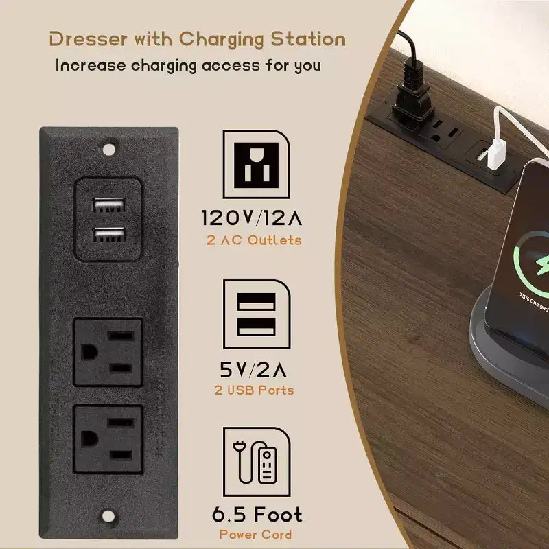 Commode 6 tiroirs en rotin avec prises et ports USB, meuble de rangement en bois pour chambre à coucher (assemblage simple)