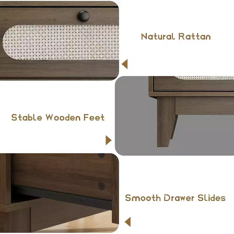 Commode 6 tiroirs en rotin avec prises et ports USB, meuble de rangement en bois pour chambre à coucher (assemblage simple)