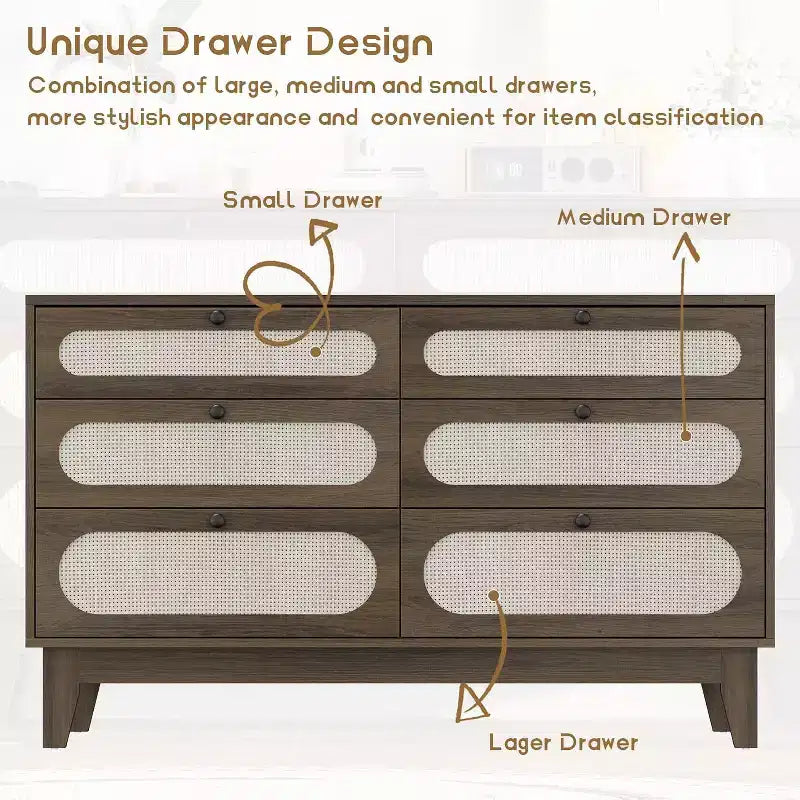 Commode 6 tiroirs en rotin avec prises et ports USB, meuble de rangement en bois pour chambre à coucher (assemblage simple)