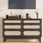 Commode 6 tiroirs en rotin avec prises et ports USB, meuble de rangement en bois pour chambre à coucher (assemblage simple)