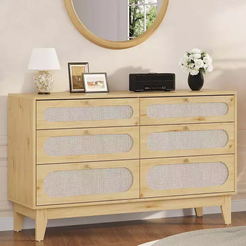 Commode 6 tiroirs en rotin avec prises et ports USB, meuble de rangement en bois pour chambre à coucher (assemblage simple)
