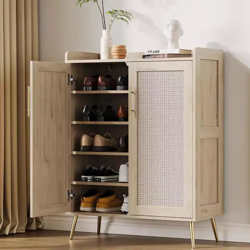 Meuble à chaussures en rotin, meuble de rangement pour chaussures à 5 niveaux avec étagère réglable pour entrée, étagère à chaussures autoportante