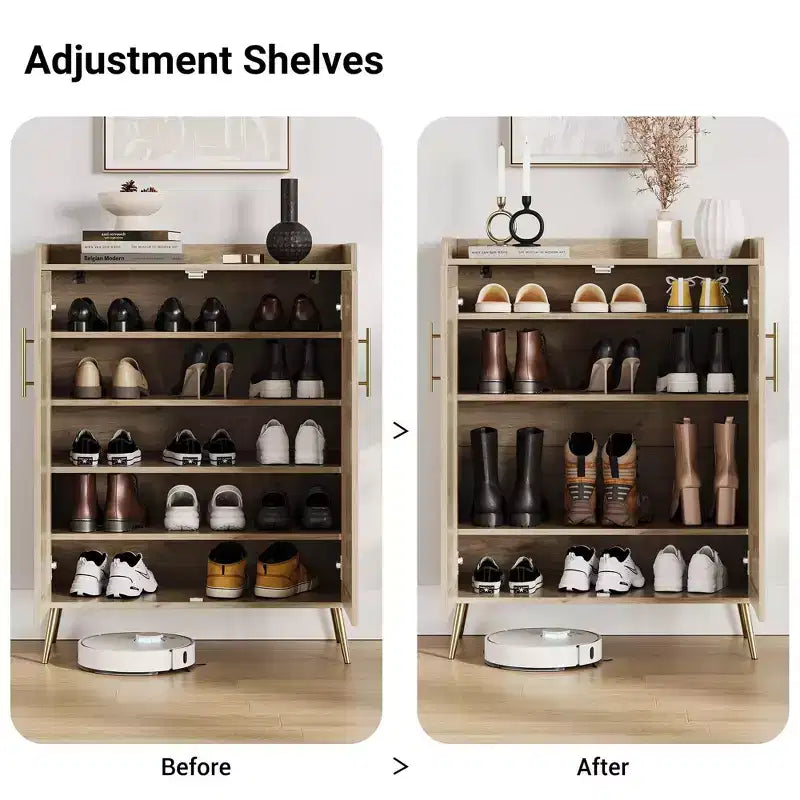 Meuble à chaussures en rotin, meuble de rangement pour chaussures à 5 niveaux avec étagère réglable pour entrée, étagère à chaussures autoportante
