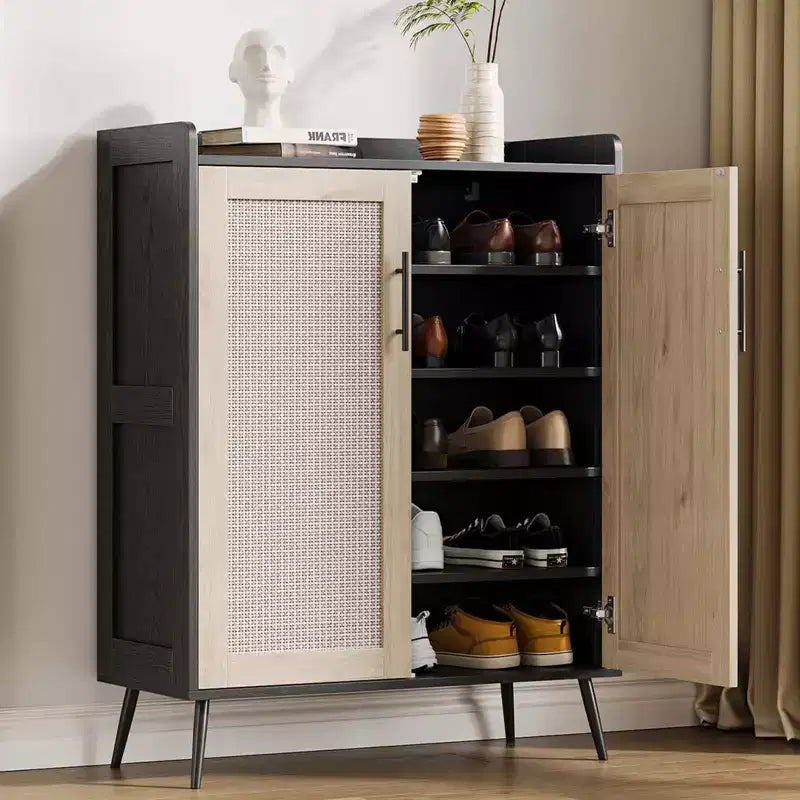 Meuble à chaussures en rotin, meuble de rangement pour chaussures à 5 niveaux avec étagère réglable pour entrée, étagère à chaussures autoportante