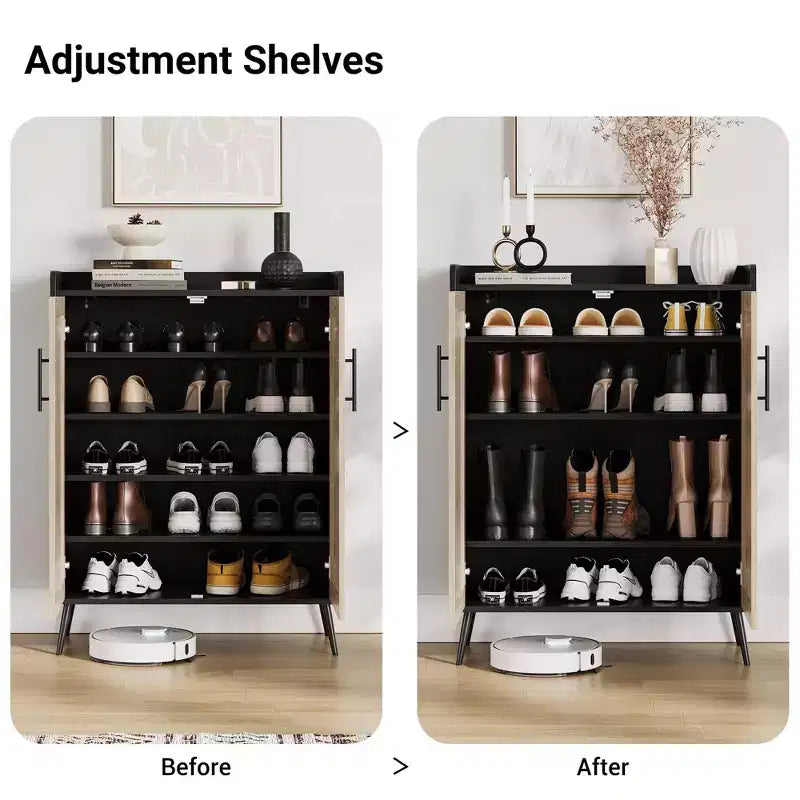 Meuble à chaussures en rotin, meuble de rangement pour chaussures à 5 niveaux avec étagère réglable pour entrée, étagère à chaussures autoportante