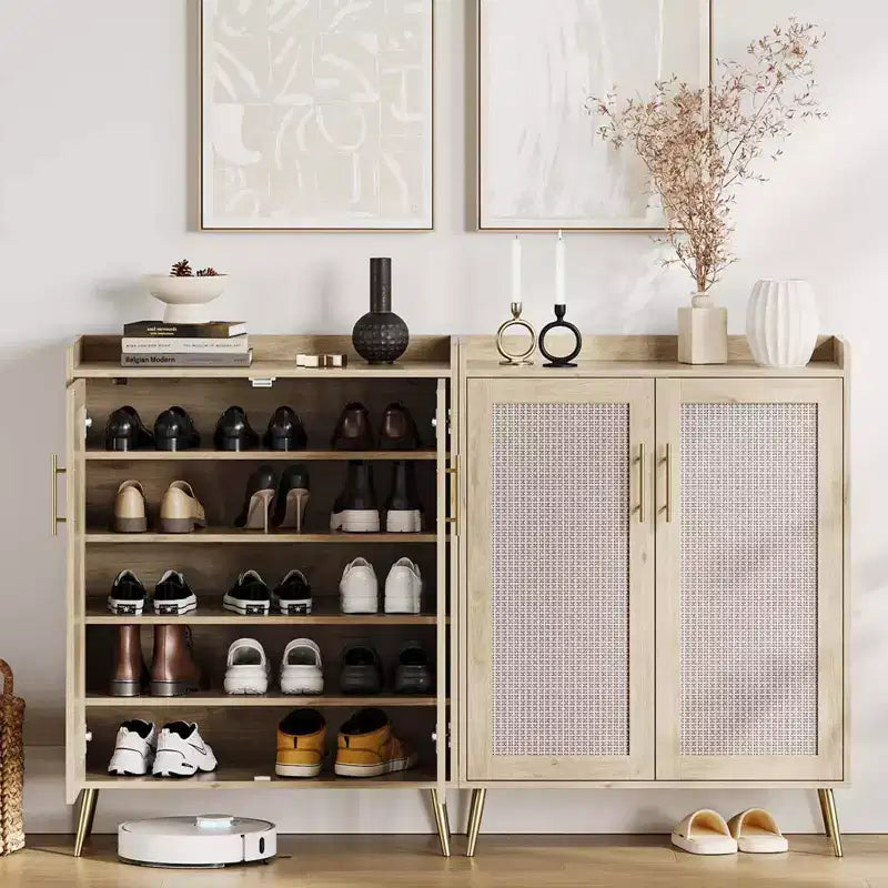 Meuble à chaussures en rotin, meuble de rangement pour chaussures à 5 niveaux avec étagère réglable pour entrée, étagère à chaussures autoportante