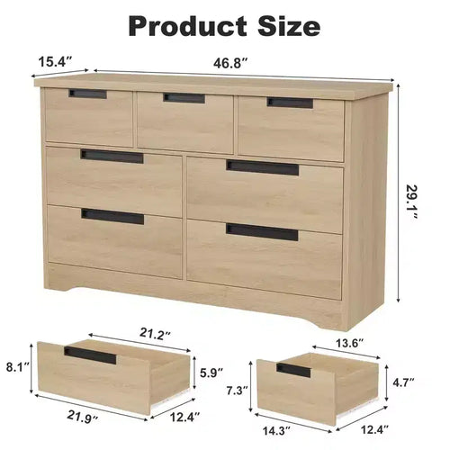 Commode à 7 tiroirs pour chambre à coucher, commode double moderne naturelle avec poignées encastrées, commode en bois pour salon, couloir