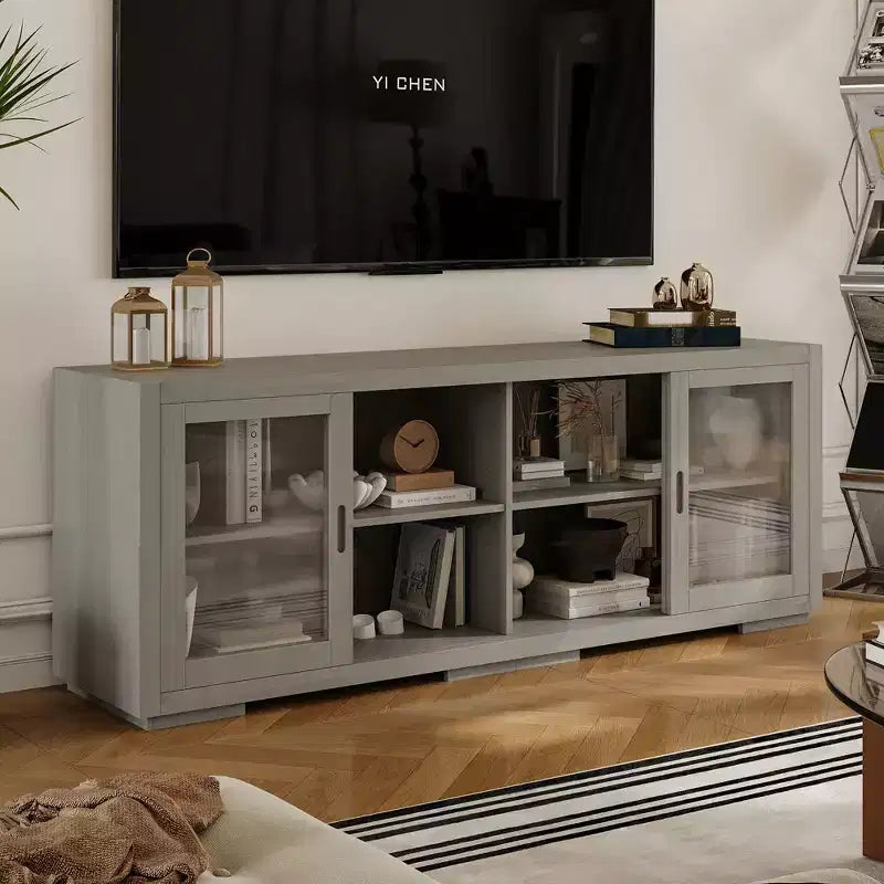Meuble TV industriel Famapy pour le salon : Portes coulissantes en verre, étagères réglables, console multimédia au design intelligent et peu encombrant