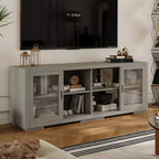 Meuble TV industriel Famapy pour le salon : Portes coulissantes en verre, étagères réglables, console multimédia au design intelligent et peu encombrant