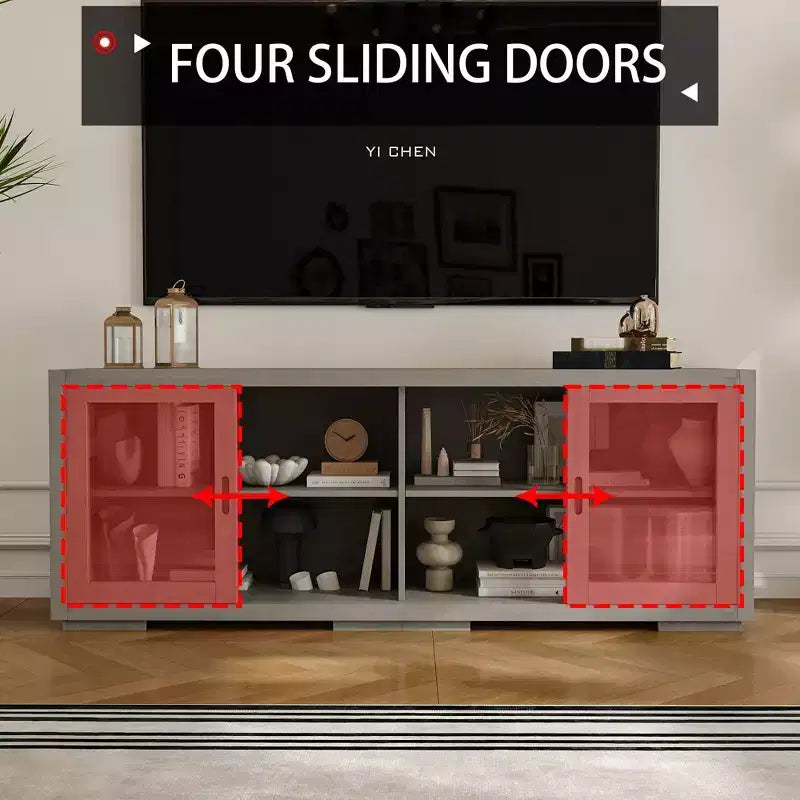 Meuble TV industriel Famapy pour le salon : Portes coulissantes en verre, étagères réglables, console multimédia au design intelligent et peu encombrant