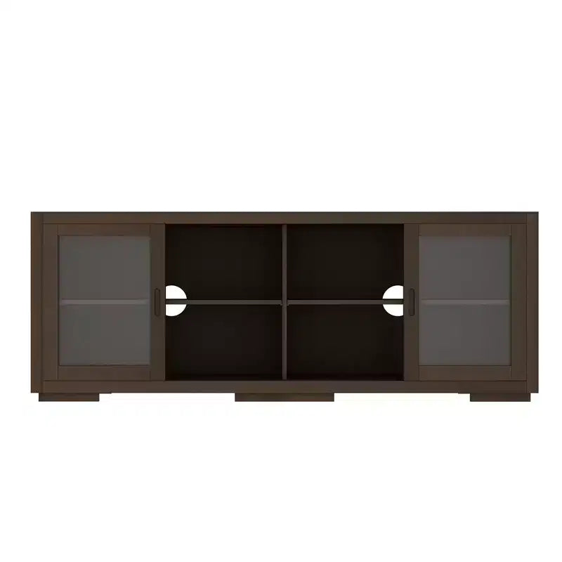 Meuble TV industriel Famapy pour le salon : Portes coulissantes en verre, étagères réglables, console multimédia au design intelligent et peu encombrant