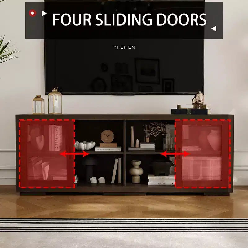 Meuble TV industriel Famapy pour le salon : Portes coulissantes en verre, étagères réglables, console multimédia au design intelligent et peu encombrant