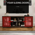 Meuble TV industriel Famapy pour le salon : Portes coulissantes en verre, étagères réglables, console multimédia au design intelligent et peu encombrant