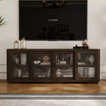 Meuble TV industriel Famapy pour le salon : Portes coulissantes en verre, étagères réglables, console multimédia au design intelligent et peu encombrant