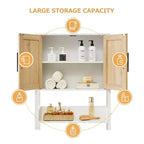 Meuble de rangement au-dessus des toilettes avec étagère réglable et portes en rotin, organisateur de salle de bain peu encombrant au-dessus des toilettes avec poignée en métal, blanc