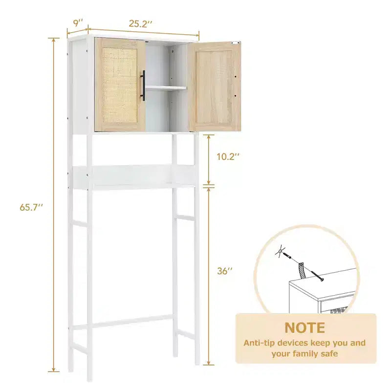 Meuble de rangement au-dessus des toilettes avec étagère réglable et portes en rotin, organisateur de salle de bain peu encombrant au-dessus des toilettes avec poignée en métal, blanc
