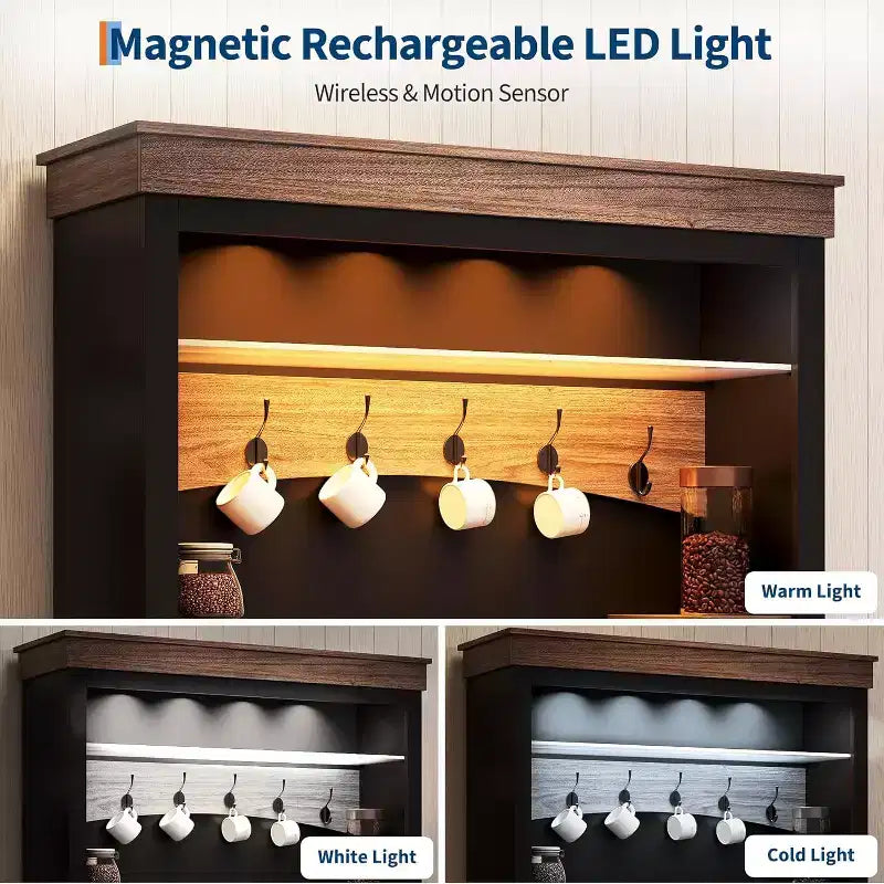 Buffet de bar à café de 72 po de haut avec lumières LED et rangement, avec de multiples fonctions pour une utilisation polyvalente dans diverses pièces