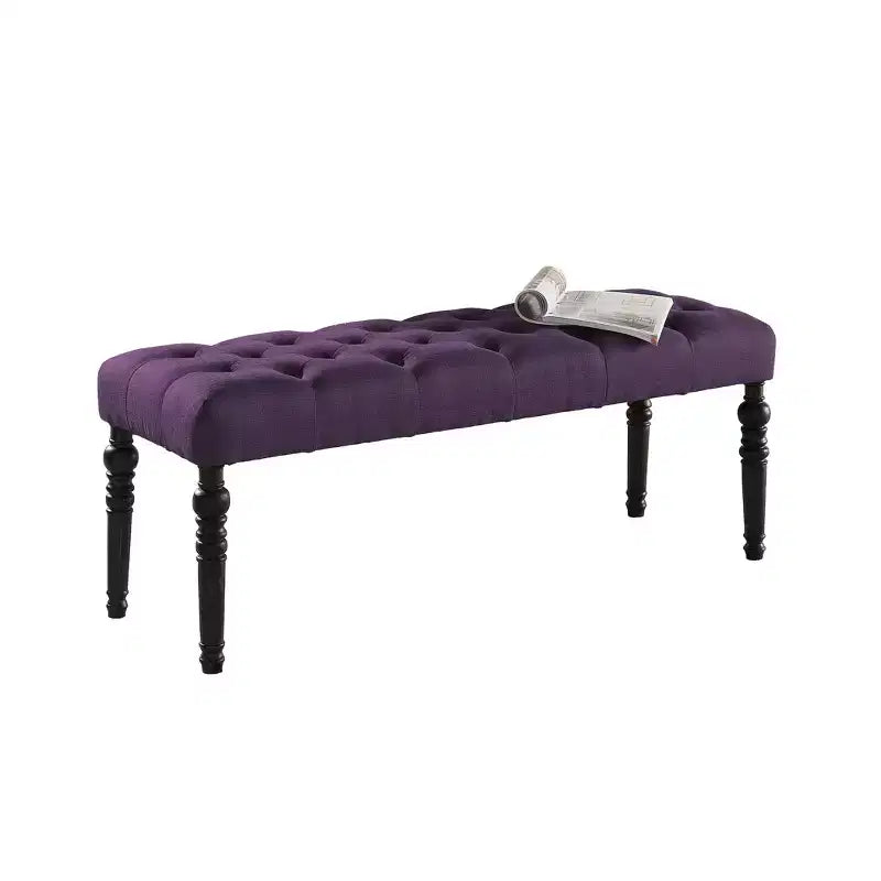 Banc ottoman touffeté élégant Okak avec pieds tournés en bois, banc à chaussures rembourré, banc de salle à manger pour salon, entrée