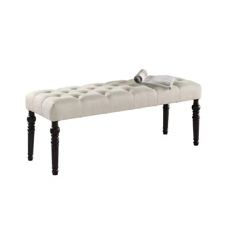 Banc ottoman touffeté élégant Okak avec pieds tournés en bois, banc à chaussures rembourré, banc de salle à manger pour salon, entrée