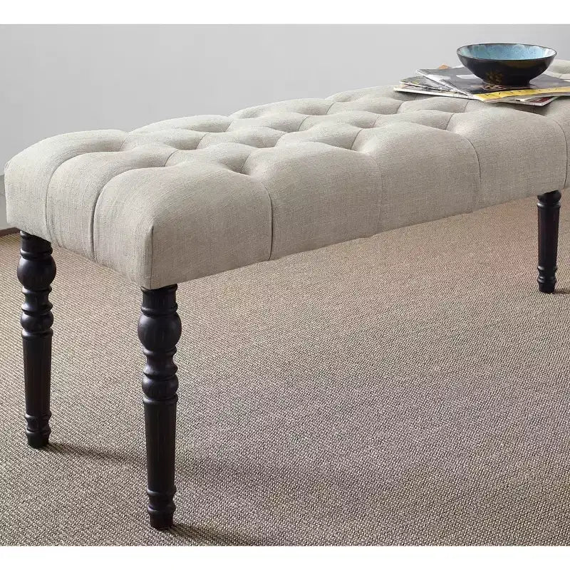 Banc ottoman touffeté élégant Okak avec pieds tournés en bois, banc à chaussures rembourré, banc de salle à manger pour salon, entrée
