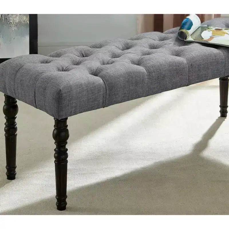 Banc ottoman touffeté élégant Okak avec pieds tournés en bois, banc à chaussures rembourré, banc de salle à manger pour salon, entrée