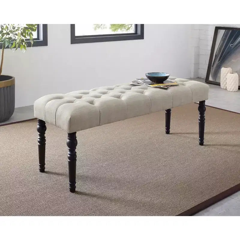 Banc ottoman touffeté élégant Okak avec pieds tournés en bois, banc à chaussures rembourré, banc de salle à manger pour salon, entrée